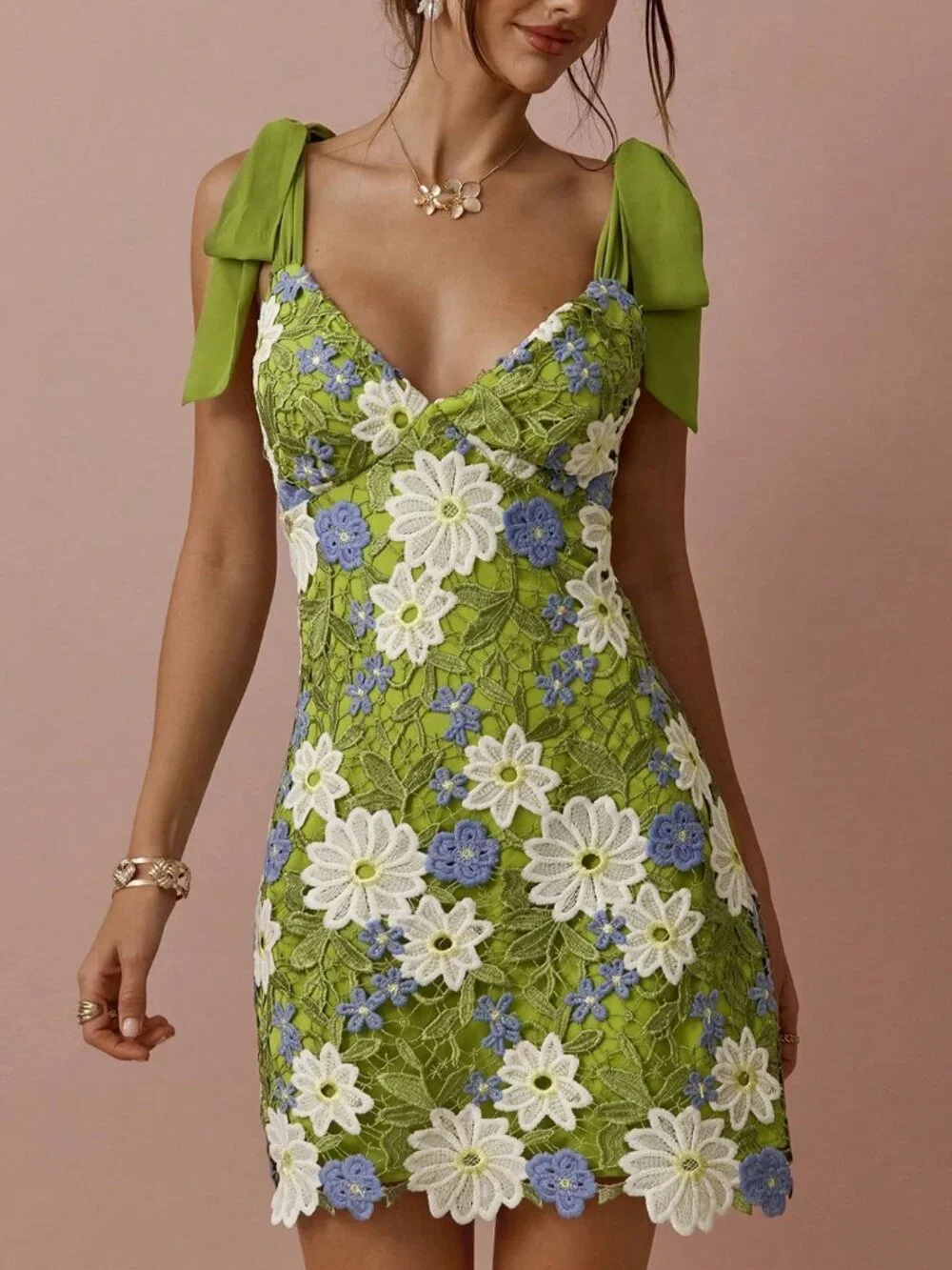 Green Boho Women's Embroidered Lace Mini Dress